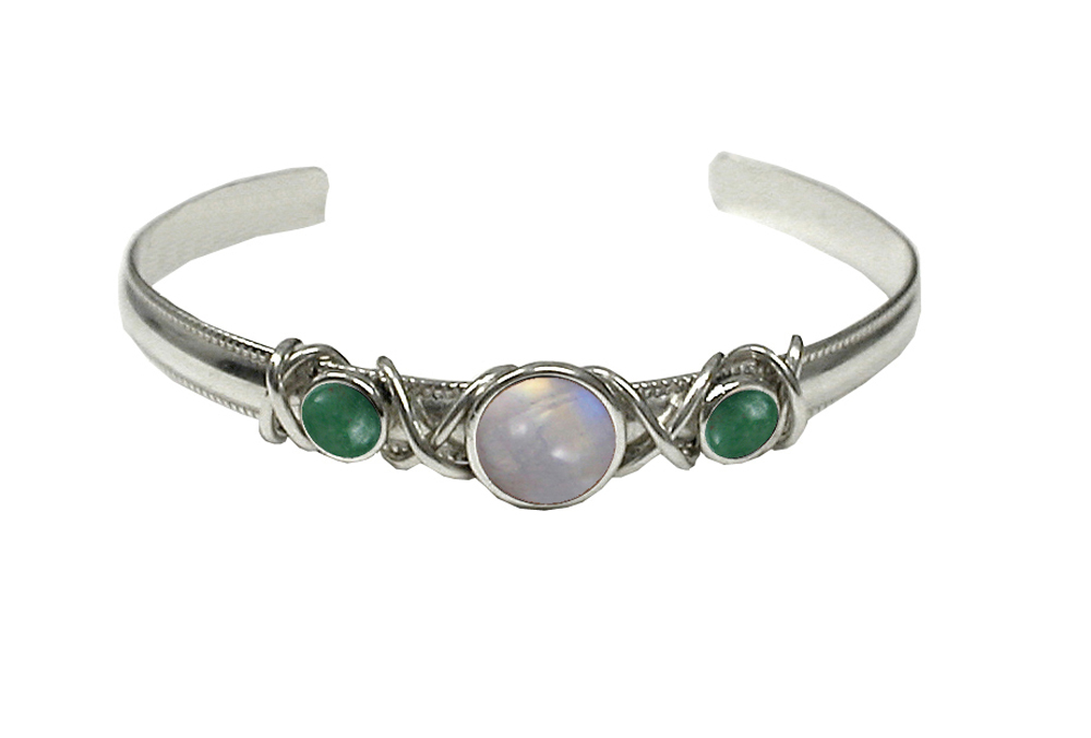 Sterling Silver Hand Made Cuff Bracelet With Rainbow Moonstone And Jade